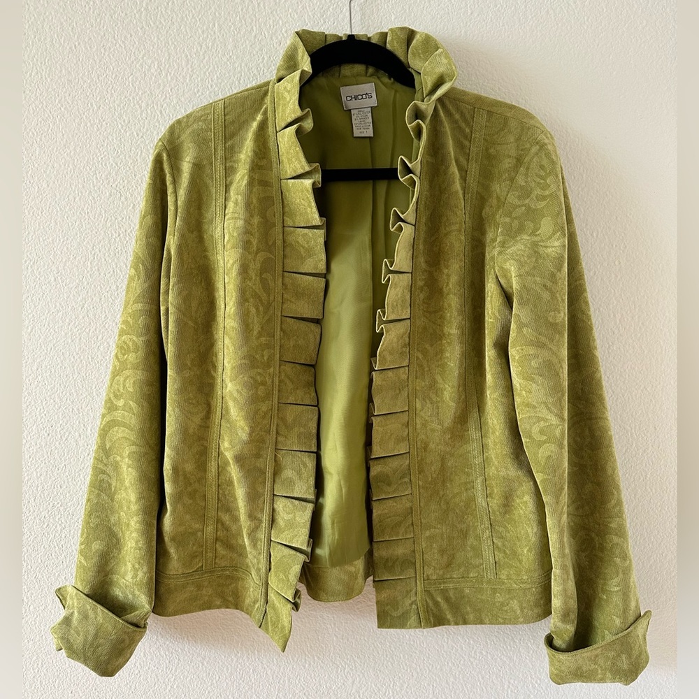 Chico’s Ruffled Avocado Green Corduroy Paisley Blazer (Size 1)